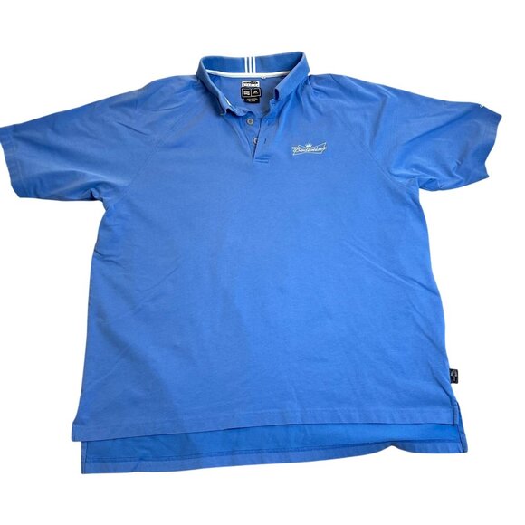 Adidas Men's Polo Shirt XL Climalite Stretch Budweiser Logo Blue - Picture 1 of 12